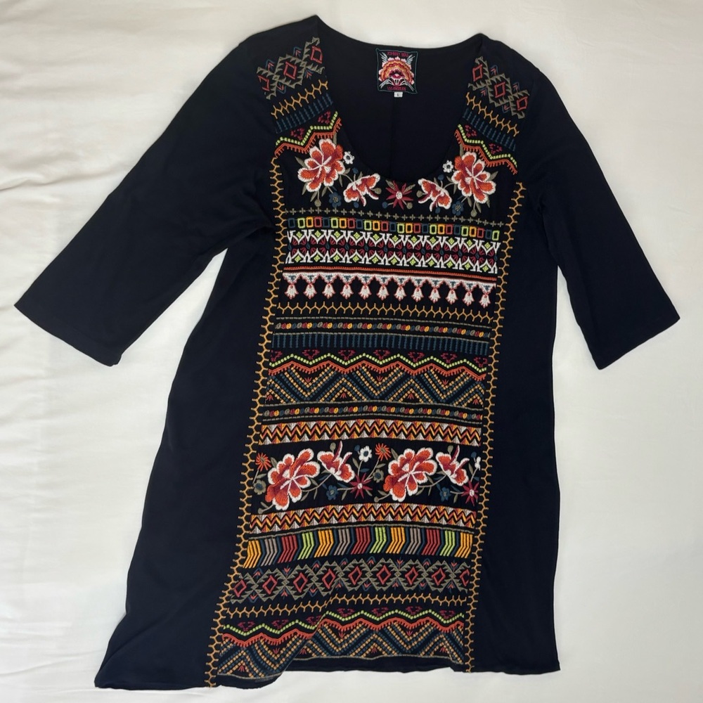 Johnny Was Los Angeles Women's Black Floral Embroidered Tunic Bohemian Dress, L - Picture 15 of 16